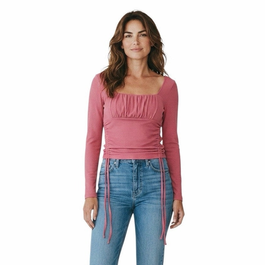 Forever 21 pink long-sleeve crop top featuring a square neckline