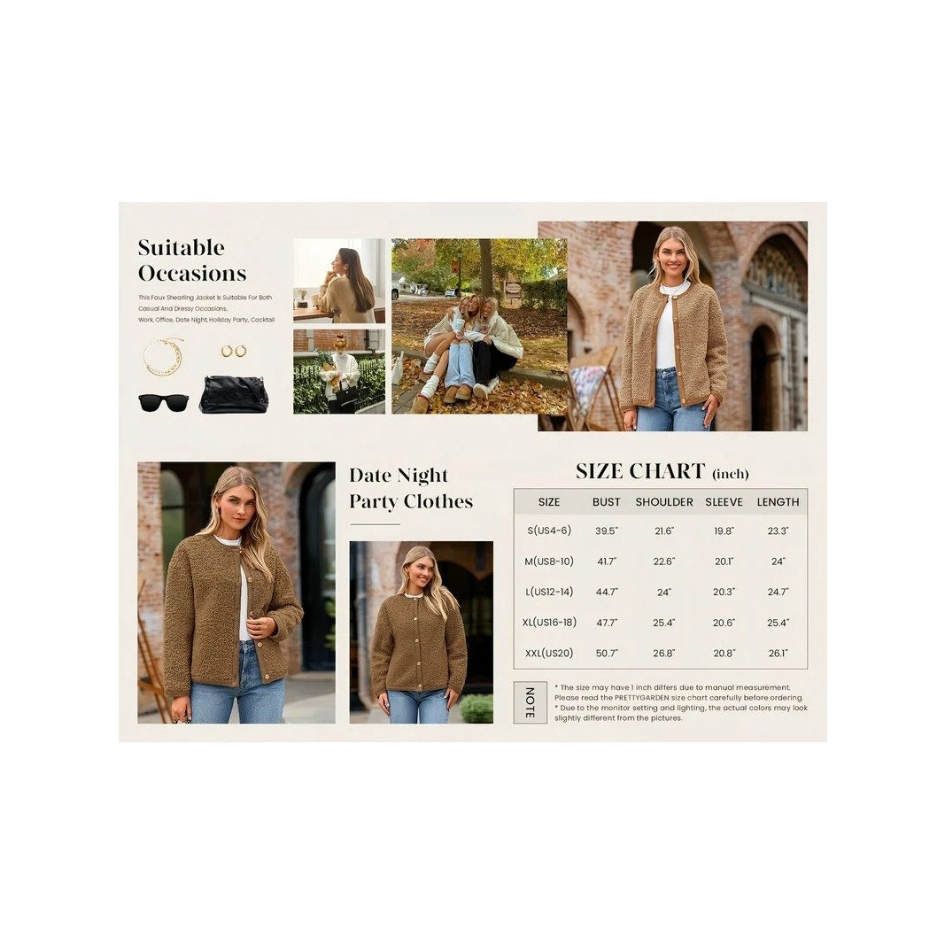 PrettyGarde Women's Faux Fur Coat Fall Fuzzy Fleece Button up Shearling Cropped