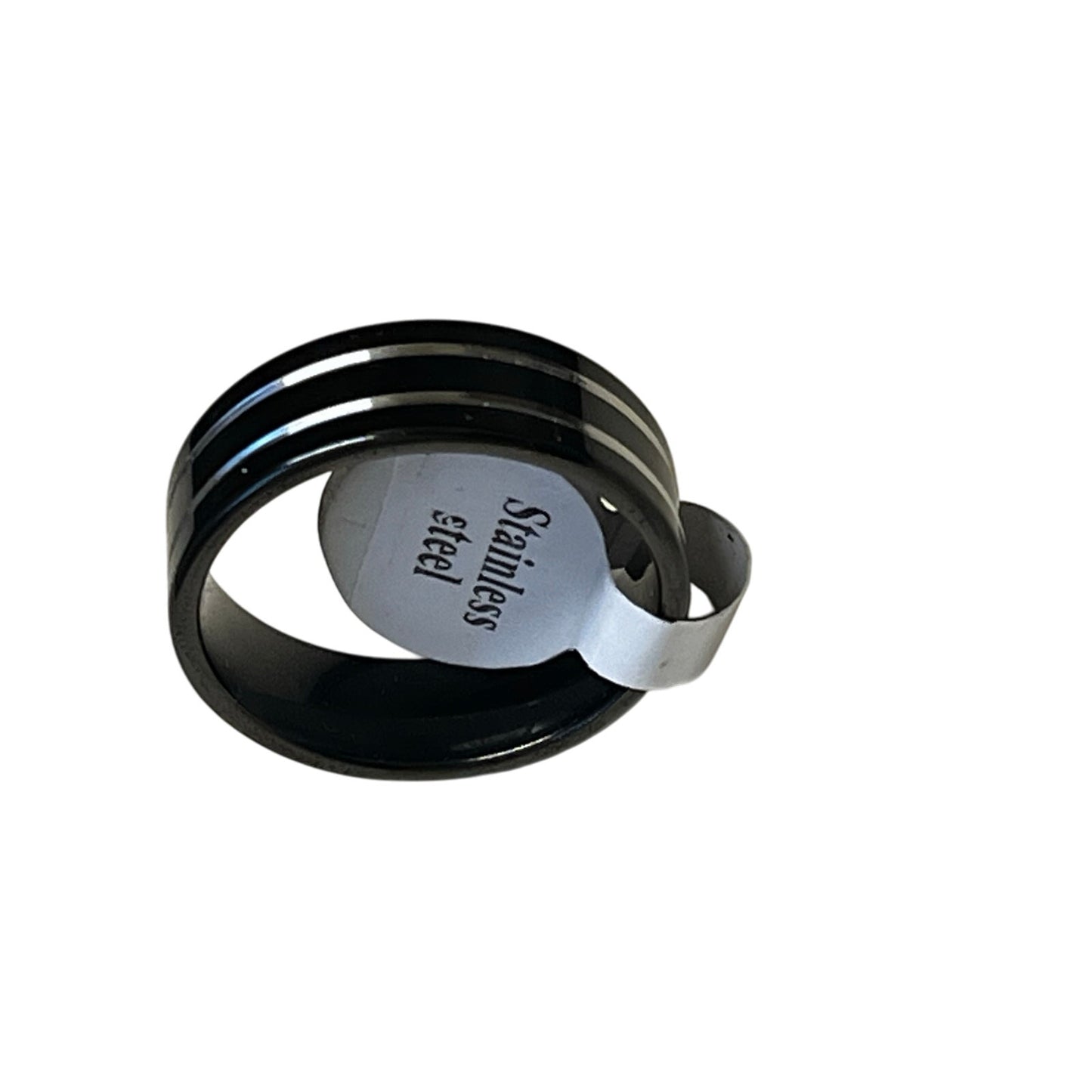 Black Stainless Steel Ring With 2 Sliver Stripes Across The Middle Of The Ring Size 21