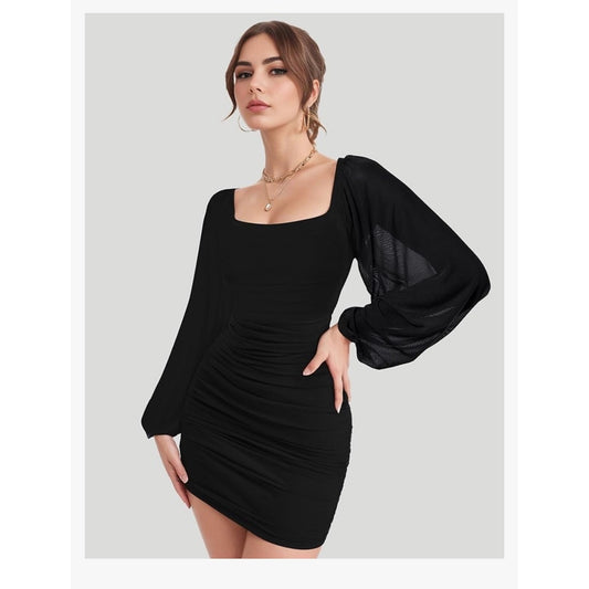 Gokatosau Women's Mesh Long Sleeve Square Neck Ruched Party Club Cocktail Dress