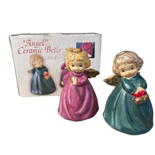 Ceramic Christmas Angel Bells Set of Two Red Green
