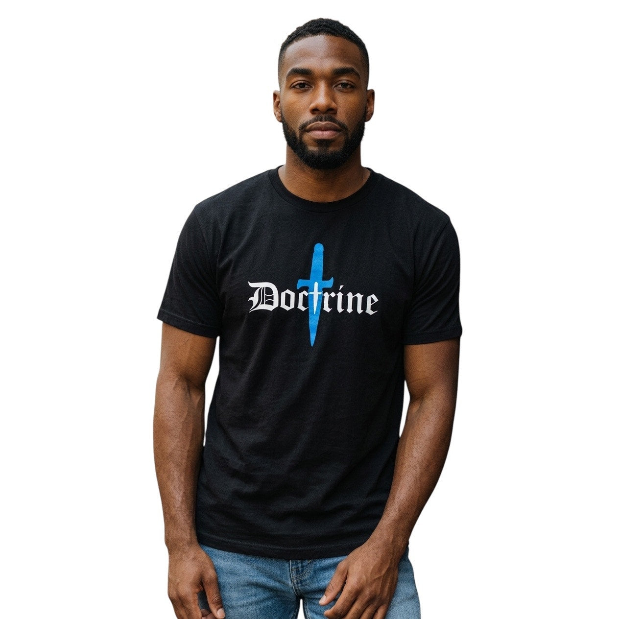 Doctrine Black Men’s T-shirt With Blue Print On It Size XXL
