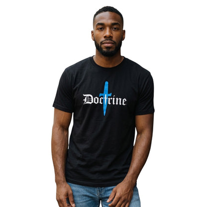 Doctrine Black Men’s T-shirt With Blue Print On It Size XXL