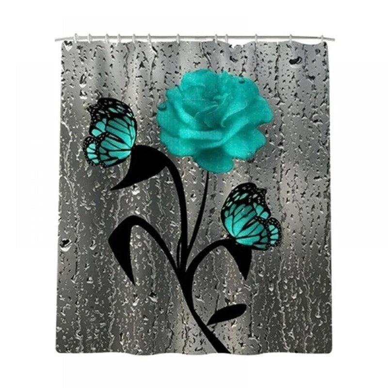 Poedist 4 Pcs Bathroom Set,Green Rose Shower Curtain Sets, Romantic Shower