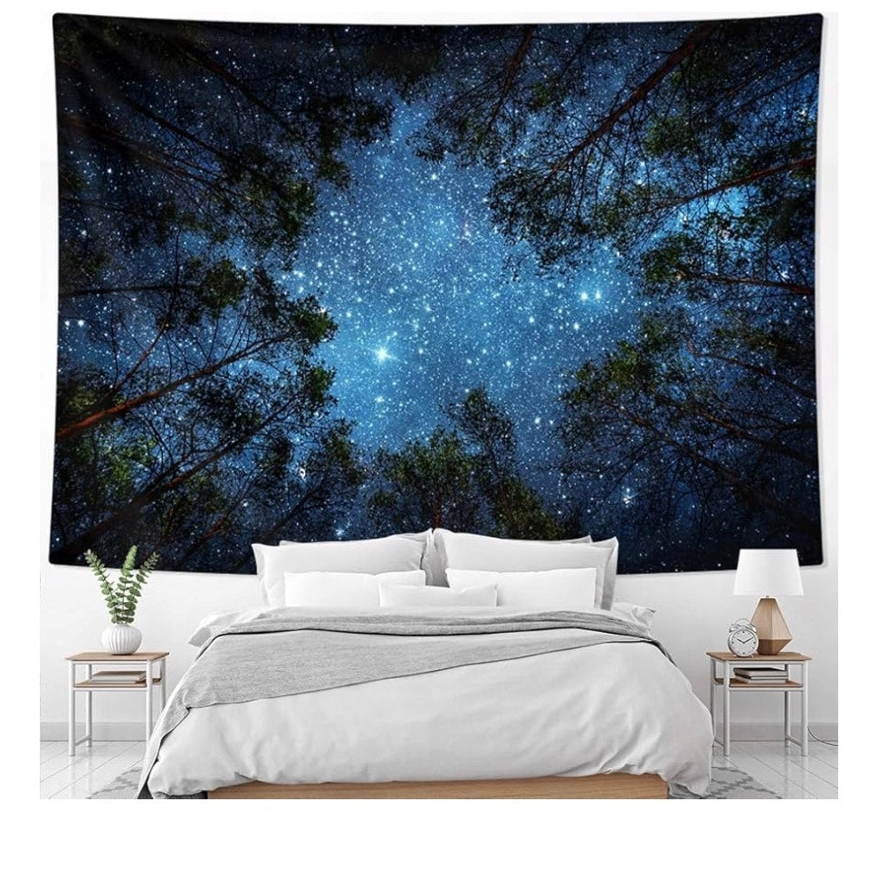 Starry Wall Tapestry, 3D Printing Forest Starry Night Tapestry Star Tree Tapestry Psychedelic Indian Wall Hanging Tapestry for Home Decor Bedroom Living Room, Large 79x58 Inches