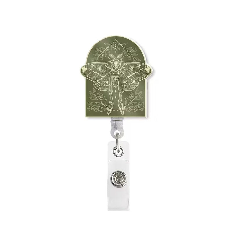 Vintage Moth Badge Reel: Botanical Green Arch, Retractable ID Holder