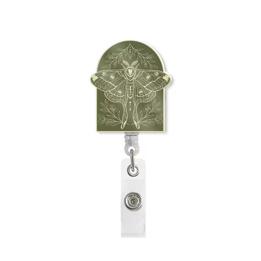 Vintage Moth Badge Reel: Botanical Green Arch, Retractable ID Holder