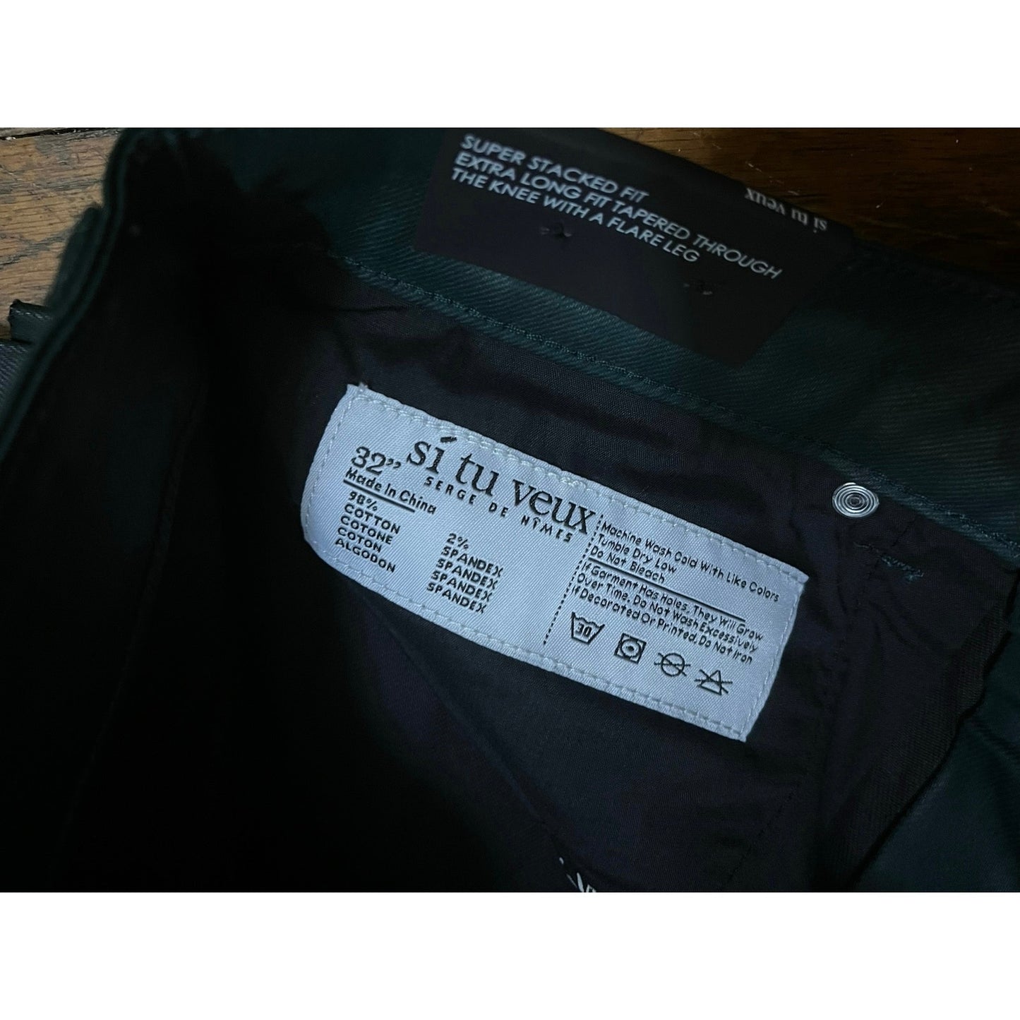 Si Tu Veux Hunter Green Wax Gordon Jeans Superstack Size 32