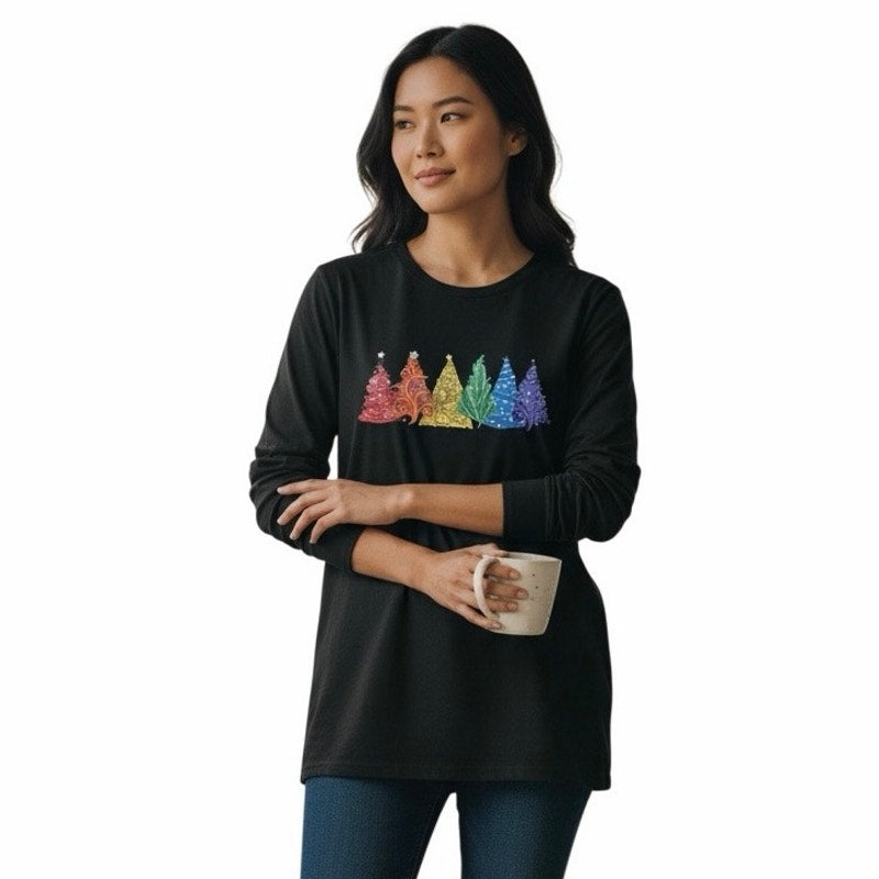 Women’s Black Christmas Tree Long Sleeve Shirt Size XL
